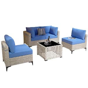 Apollo 5-Piece Wicker Outdoor Patio Conversation Seating Set with Blue Cushions