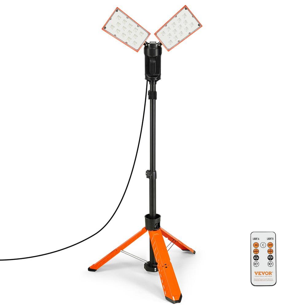 VEVOR LED Standing Work Light 10000lm Jobsite Lighting 27.6 in. to 70 in.  Height Foldable with 2 x 50 Watt Head Remote Control DSJJZYD10000W6ACPV1 -  