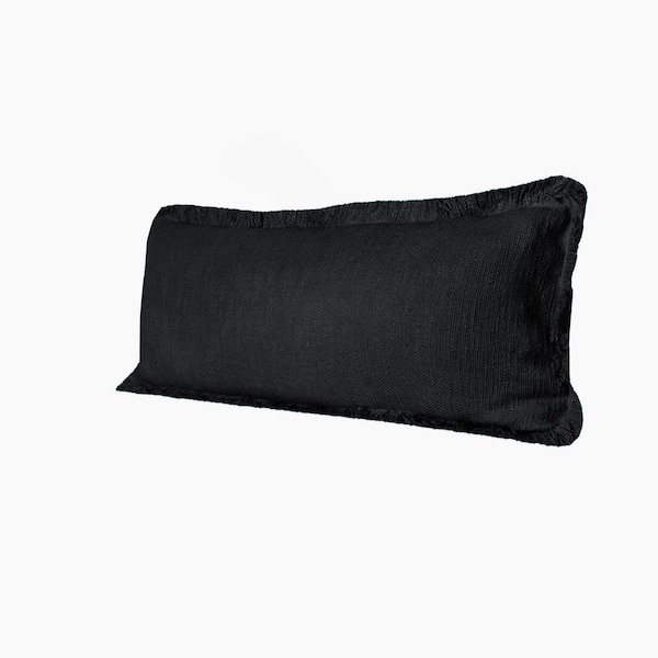 Unique Black 14 in. x 36 in. Neutral Solid Cotton Lumbar Throw Pillow with  Tassels