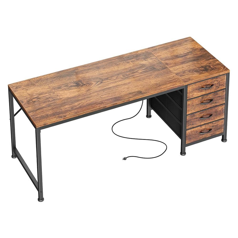 55.1" Computer Desk with Power Outlets USB-C Port and 4 Fabric Drawers