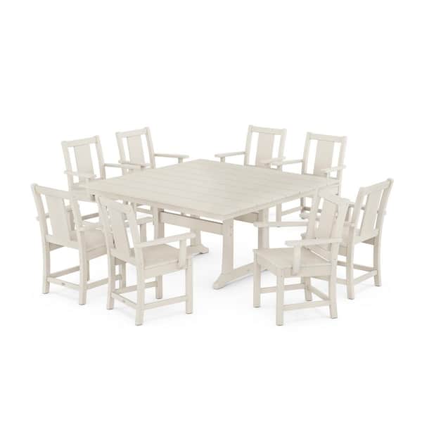 POLYWOOD 9-Piece Prairie Farmhouse Trestle Plastic Square Outdoor Dining Set in Sand