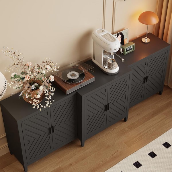 Black 94.5 in. Geometric Storage Cabinet, Sideboard with 3 Compartments, X-Pattern Doors, 6 Shelves and Anti-Tip Design