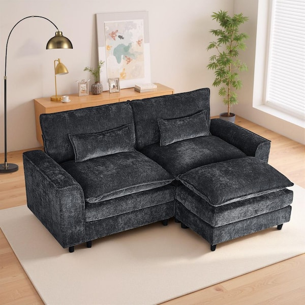 Comfy 85 in. Square Arm 2-Seat Chenille Sectional Sofa Loveseat Couch with Flexible Ottoman and Pillow in Black