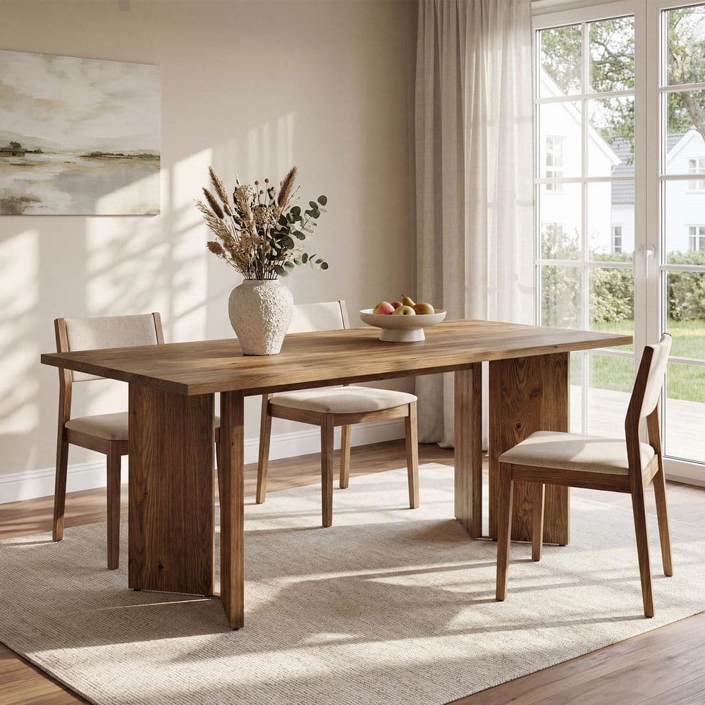 Capen Natural Brown Solid Wood 63 in. Rectangle Double Pedestal Dining Table, Farmhouse Kitchen Table for Home Seats 6