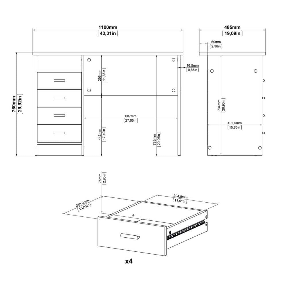 Scandinavian Oak Structure Desk with 4 Drawers and Open Shelf
