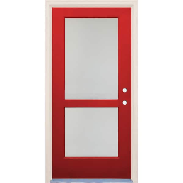 Builders Choice 36 in. x 80 in. Left-Hand/Inswing 2 Lite Satin Etch Glass Ruby Red Fiberglass Prehung Front Door w/4-9/16" Frame