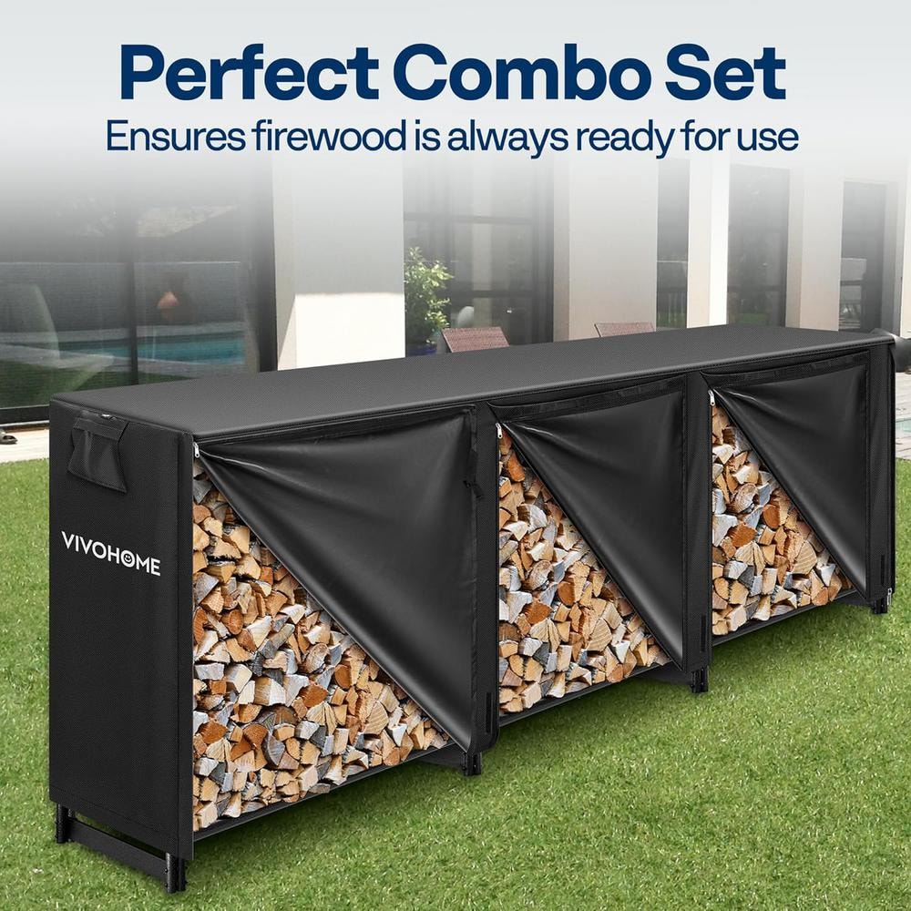 10 ft Black Heavy Duty Outdoor Firewood Rack with Cover