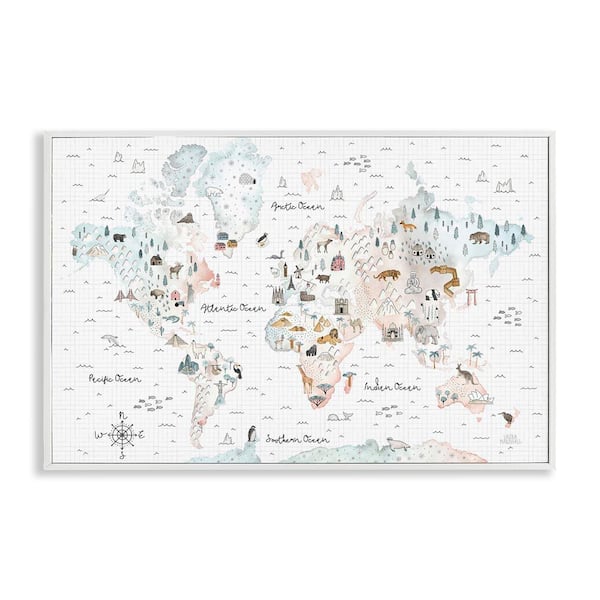 Stupell Industries Whimsical World Traveler Map by Laura Marshall White Framed Animal Giclee Art Print 20 in. x 30 in.