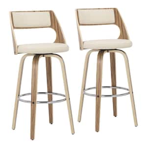 Cecina 40.25 in. Cream Faux Leather and Zebra Wood High Back Counter Height Bar Stool Round Chrome Footrest (Set of 2)
