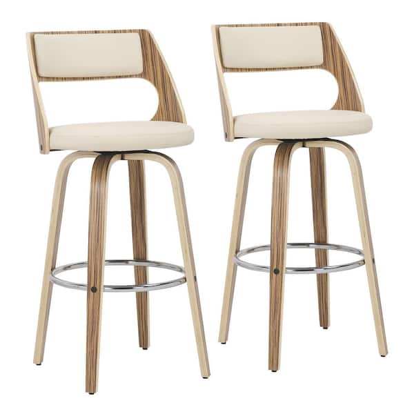 Lumisource Cecina 40.25 in. Cream Faux Leather and Zebra Wood High Back Counter Height Bar Stool Round Chrome Footrest (Set of 2)