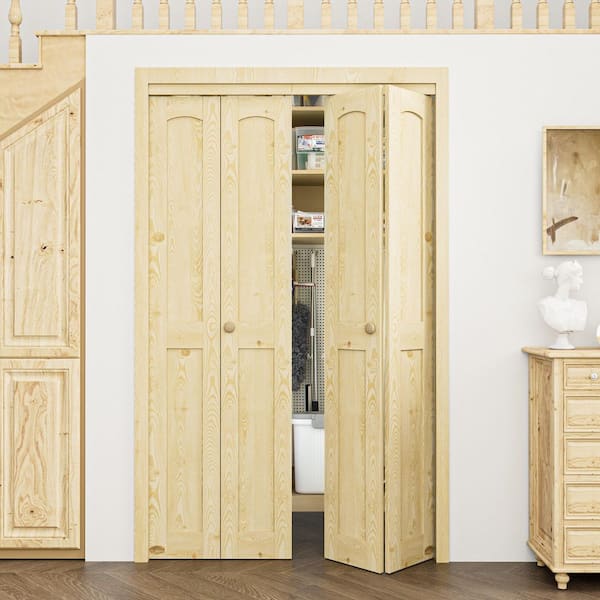 48 in. x 80 in. Arch Panel 2-Lite Solid Core Unfinished Pine Wood Interior Closet Bi-Fold Door with Hardware