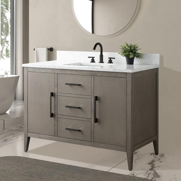 48 in. W x 22 in. D x 34 in. H Single-Sink Bath Vanity in Driftwood Gray with Engineered Marble Top in Arabescato White