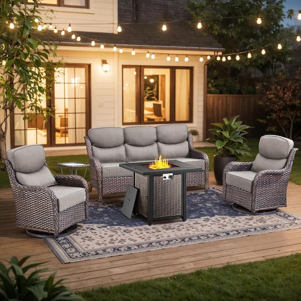 Holion 5-Piece Brown Wicker Patio Conversation Sets with 50,000 BTU Fire Pit Table and Swivel Chairs with Gray Cushions