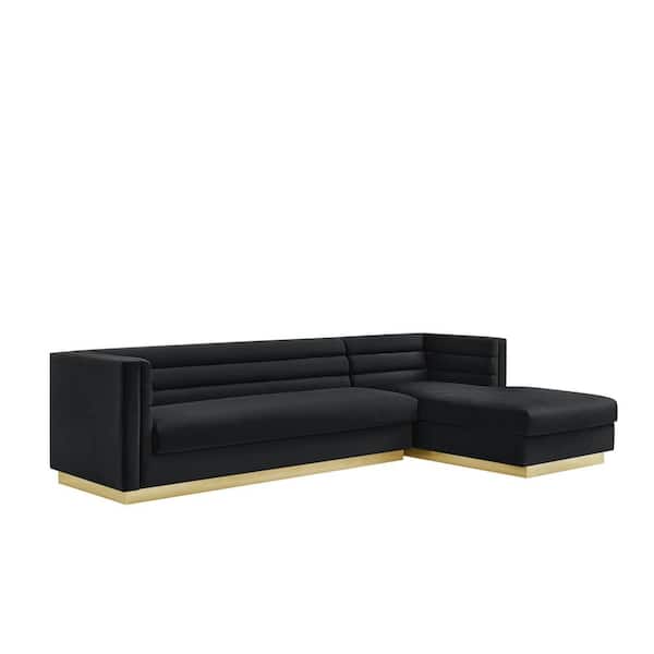 Inspired Home Annemarie 69 in. Width Square Arm Style Upholstered Velvet Tufted L Shaped Sofa in Black