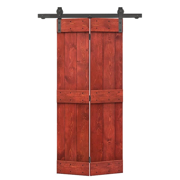 CALHOME 22 in. x 84 in. Mid-Bar Series Solid Core Cherry Red Stained DIY Wood Bi-Fold Barn Door with Sliding Hardware Kit
