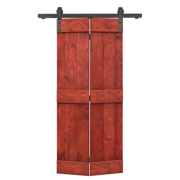 CALHOME 30 in. x 84 in. Mid-Bar Series Cherry Red Stained DIY Wood Bi-Fold Barn Door with Sliding Hardware Kit