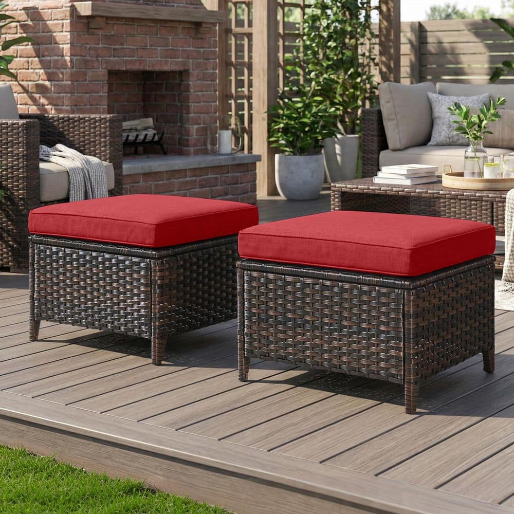 Carolina Brown Wicker Outdoor Ottoman with Red Cushion (2-Pack)