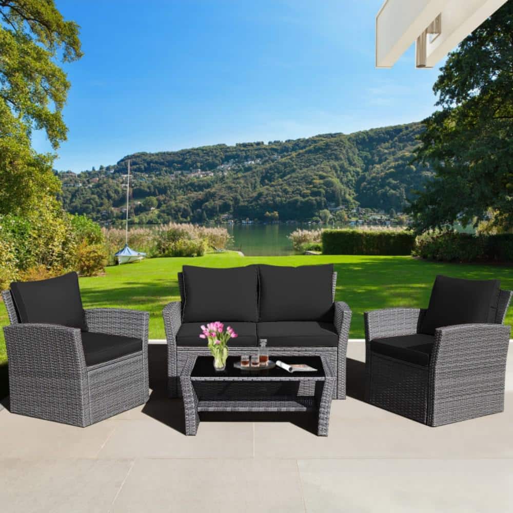 4-Piece Wicker Patio Conversation Set with Black Cushions price history on PriceWatchPro