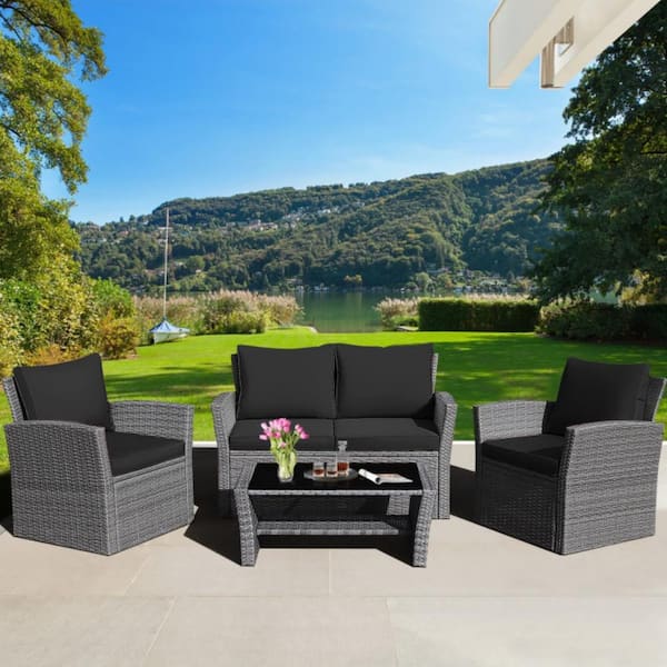 4-Piece Wicker Patio Conversation Set with Black Cushions
