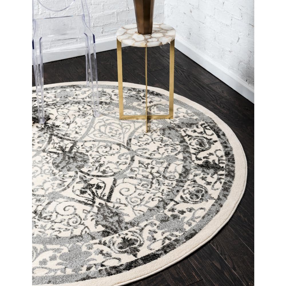Miranda Ivory and Gray Round Synthetic Easy-Care Rug, 6' Diameter