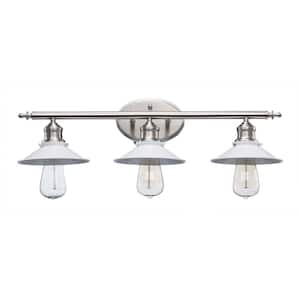 Glenhurst 3-Light White and Brushed Nickel Industrial Farmhouse Bathroom Vanity Light with Metal Shades