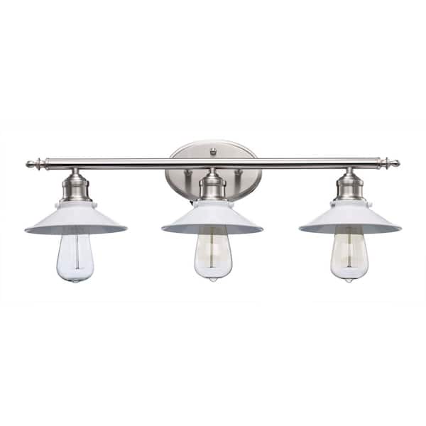 Hampton Bay Glenhurst 25 in. 3-Light Industrial Farmhouse White and Brushed Nickel Bathroom Vanity Light Fixture with Metal Shades