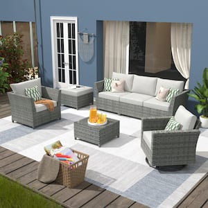 Fontainebleau Gray 7-Piece Wicker Patio Conversation Sectional Sofa Set with Beige Cushions and Swivel Rocking Chair