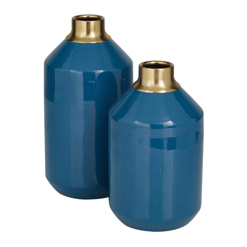Blue and Gold Metal Vase Set with Round Design
