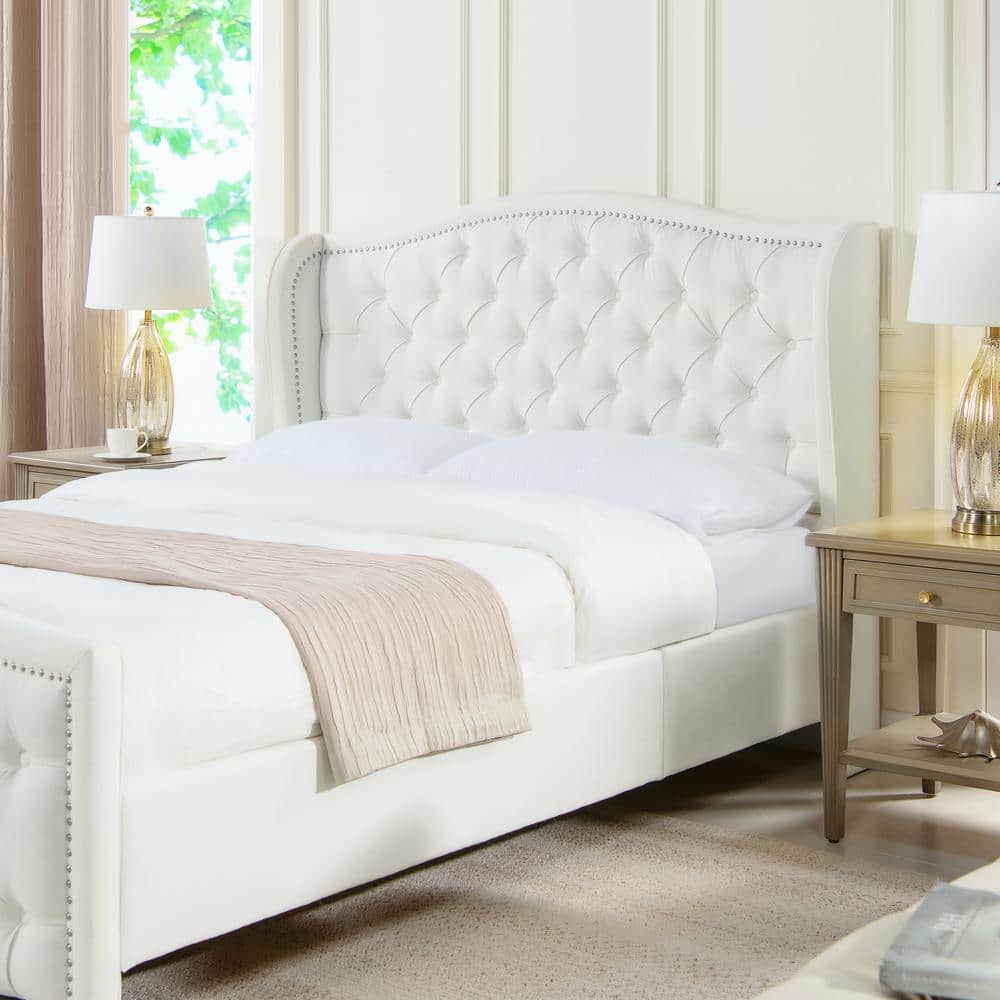 Fontana Queen Antique White Tufted Upholstered Platform Bed