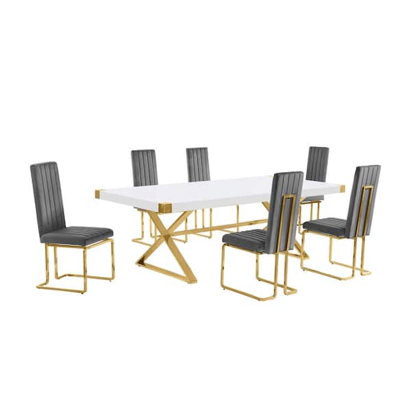 Miguel 7-Piece Rectangle White Wood Top Gold Stainless Steel Dining Set with 6 Dark Gray Velvet Chairs