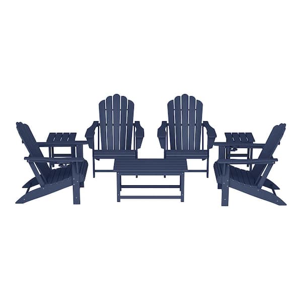 Aderson 7-Piece All Weather Fade Resistant Outdoor Plastic Adirondack Chair Patio Conversation Lounge Set in Navy Blue