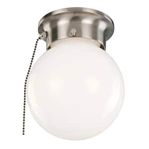 1-Light Satin Nickel Ceiling Light with Opal Glass and Pull Chain