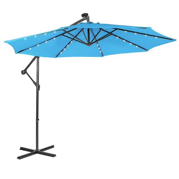 WELLFOR 10 ft. Octagon Steel Cantilever 32 Solar LED Lighted Tilt Patio Umbrella in Blue Offset Umbrella with Crank and Stand