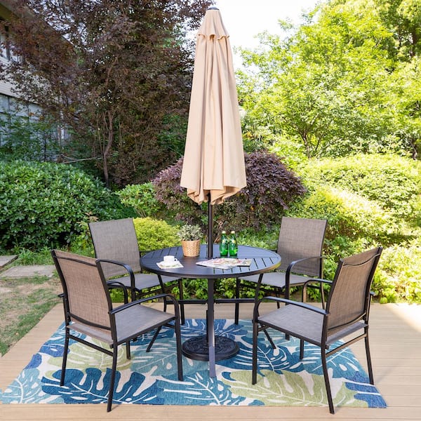 PHI VILLA Black 6-Piece Metal Slat Round Table Patio Outdoor PHI VILLA Black 6-Piece Metal Slat Round Table Patio Outdoor