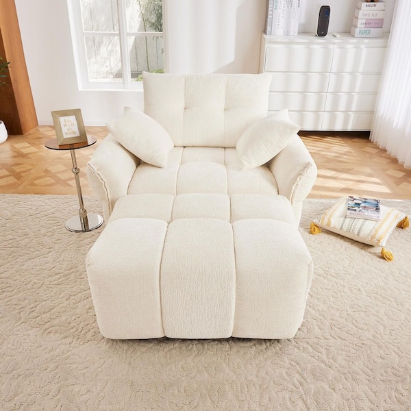 Tina 47.2 in. Flared Arm Chenille Upholstered Rectangle Sectional Sofa in. White with Ottoman, Throw Pillows