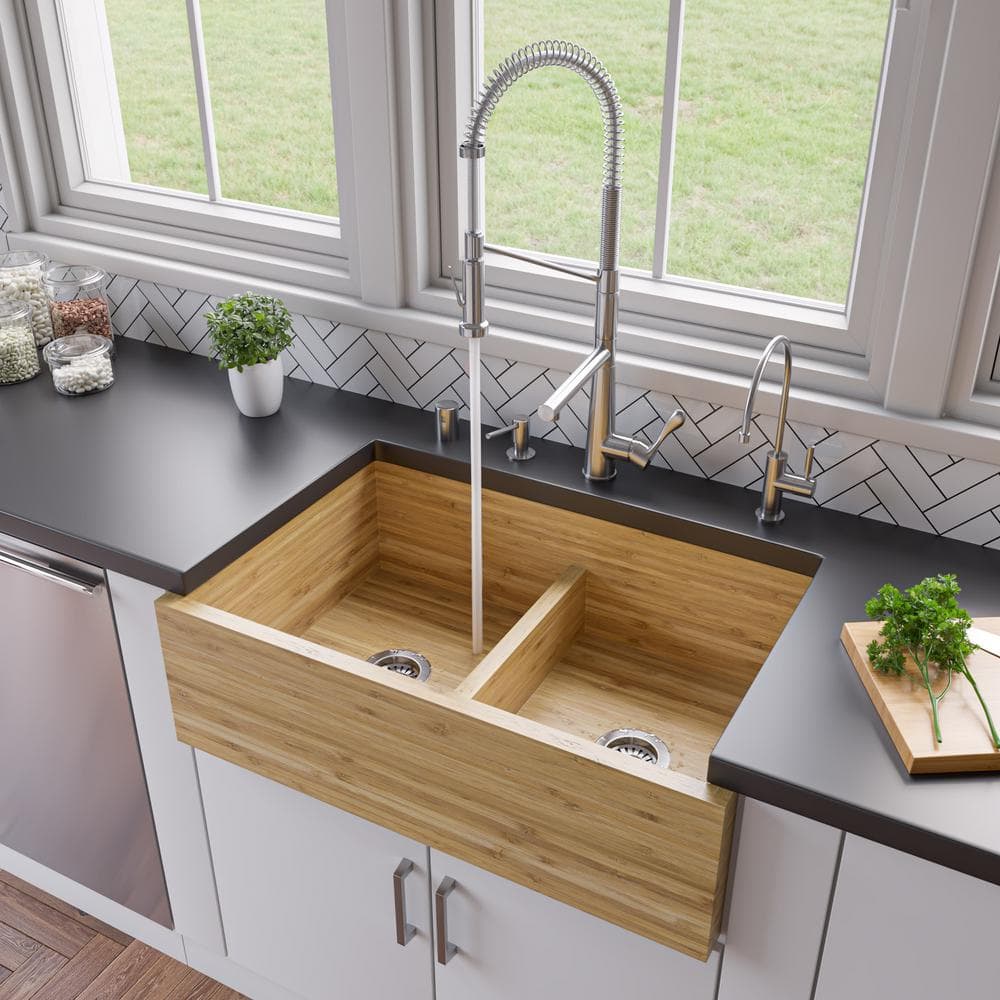 Eco-Friendly Bamboo Double Bowl Farmhouse Kitchen Sink