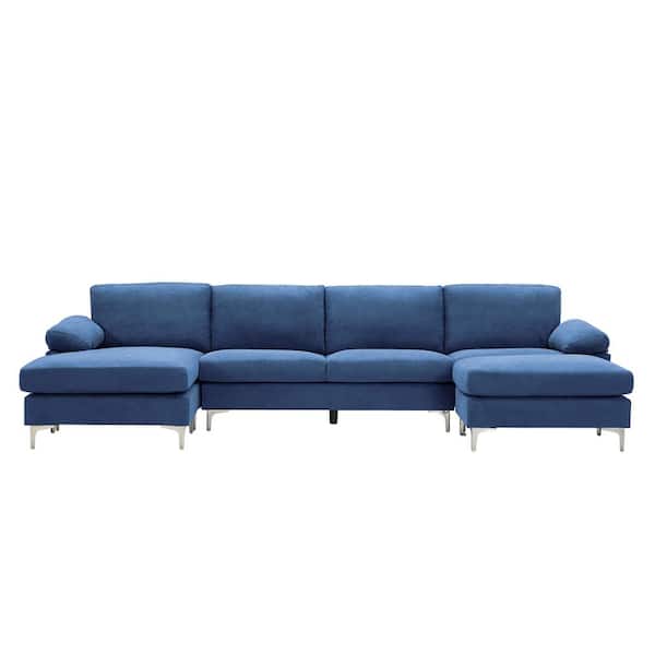 ATHMILE 128.30 in. W Pillow Top Arms 4-Piece U Shaped Fabric Modern Sectional Sofa in Blue