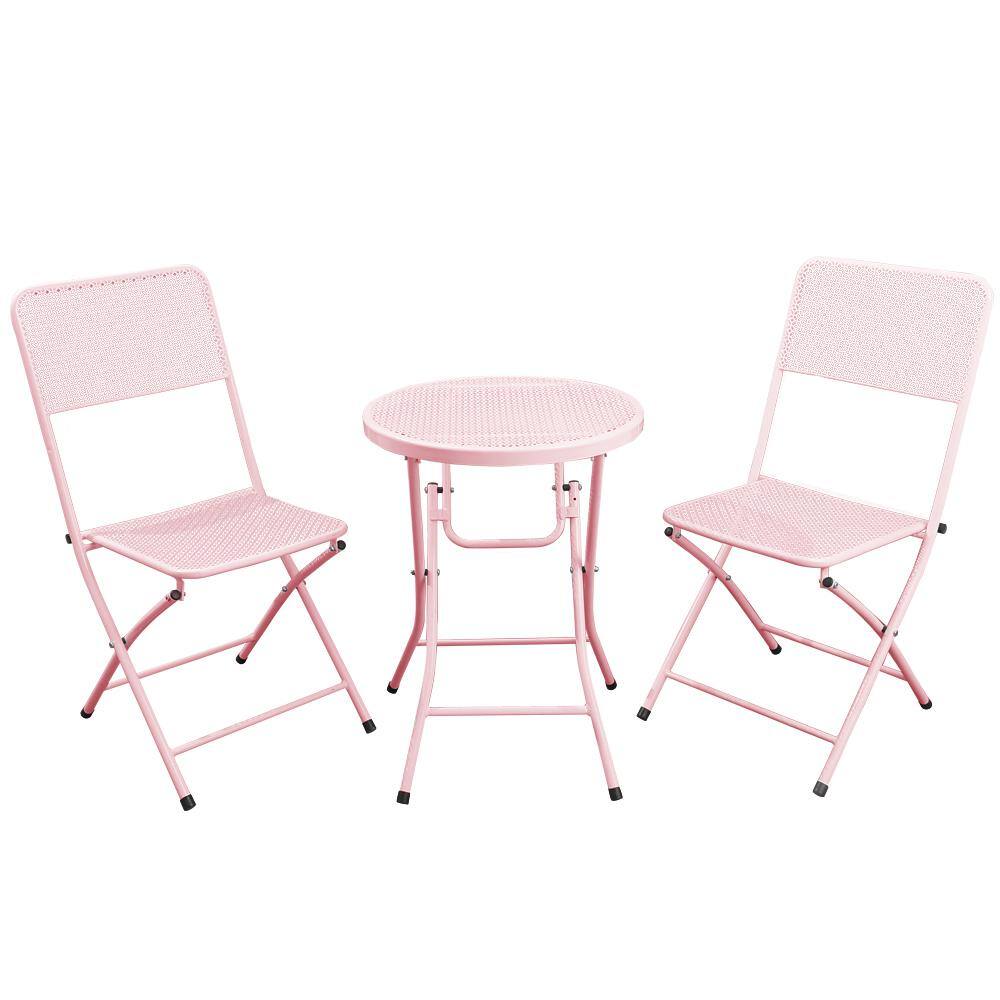 Pink 3-Piece Metal Folding Outdoor Patio Furniture Sets with Folding Patio 