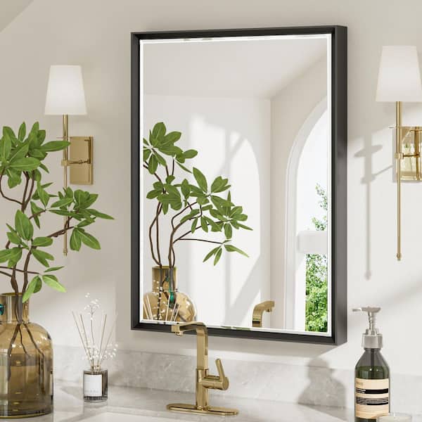 22 in. W x 30 in. H Aluminum Beveled Edge Rectangular Framed Bathroom Vanity Wall Mount Mirror in Brushed Black