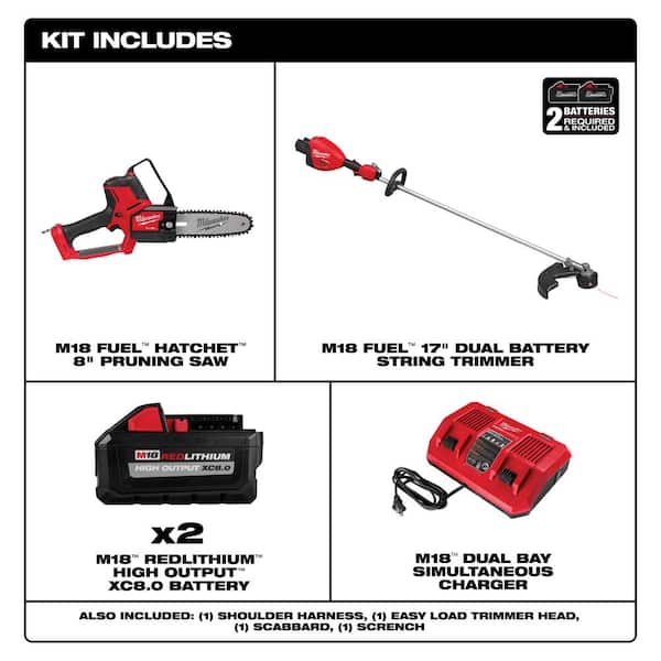 Milwaukee M18 FUEL 18V Brushless Cordless 17 in. Dual Battery Straight Shaft String Trimmer w/Pruning Saw, (2) Battery, Charger
