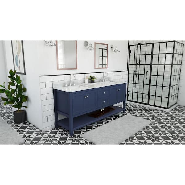 Continuum 72 in. W x 22 in. D x 34 in . H Modern Console Vanity with Rectangular Undermount Sinks inNavy with White Top