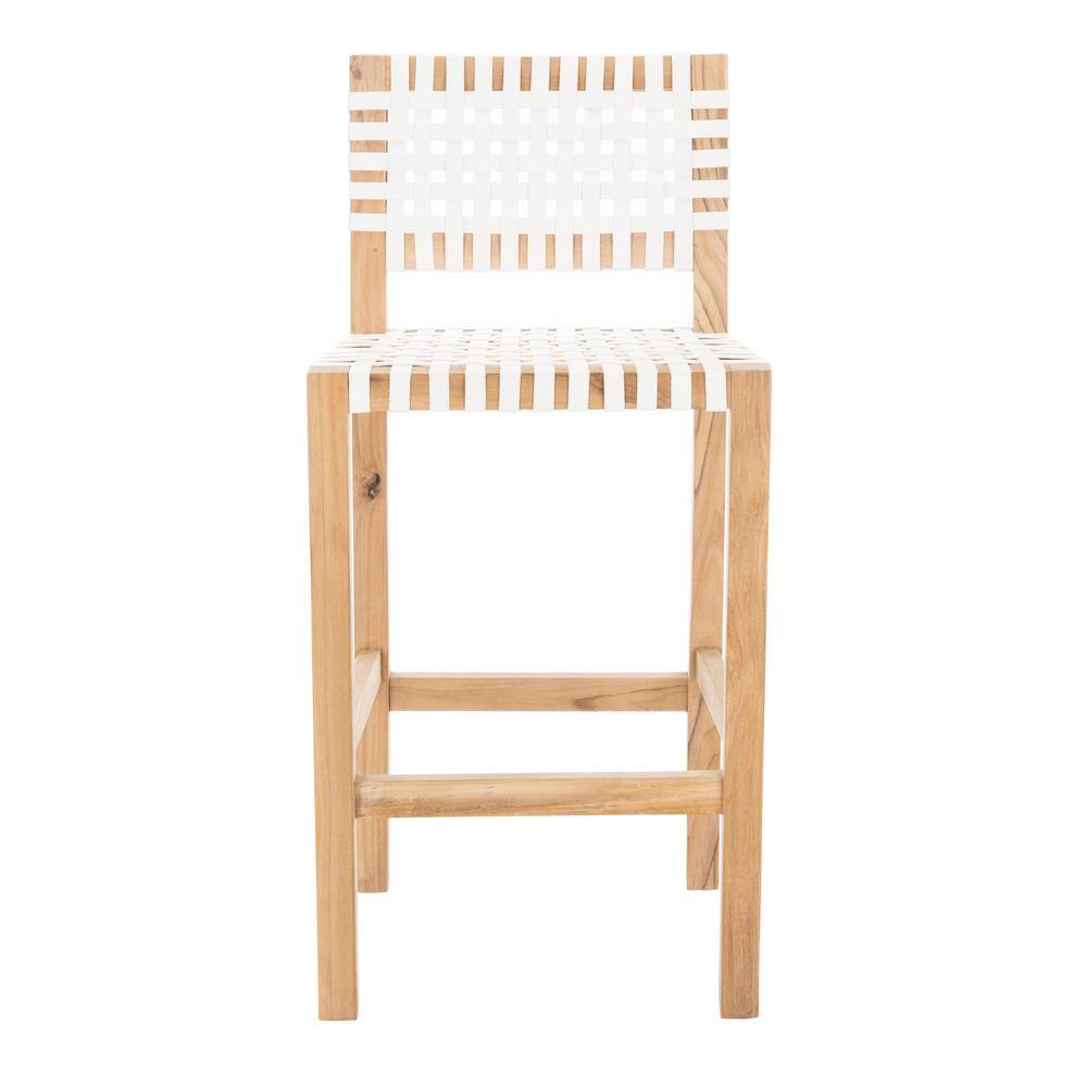 Natural Teak and White Leather Counter Stool