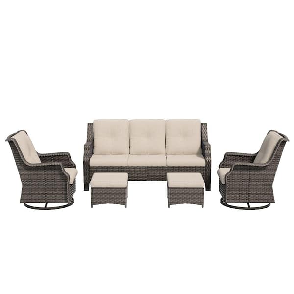5-Piece Wicker Extra-Wide Arm Outdoor Patio Conversation Sofa Set with Beige Cushions
