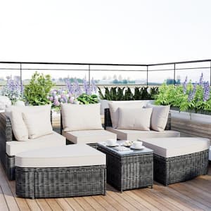 6-Piece Patio Outdoor Round Conversation Set Sofa, PE Wicker Rattan Separate Seating Group with Table, Beige Cushions