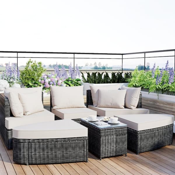 ToolCat 6-Piece Patio Outdoor Round Conversation Set Sofa, PE Wicker Rattan Separate Seating Group with Table, Beige Cushions