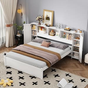 White Wood Frame Full Size Platform Bed with Shelves and Cabinets