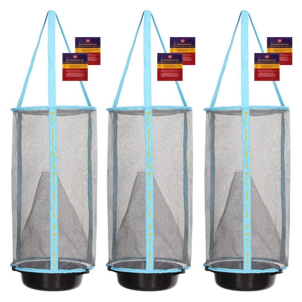 FLIES INN 3 Lite Fly Cage Outdoor Fly Trap with 6 Low Odor Attractant Baits, Reusable and Durable