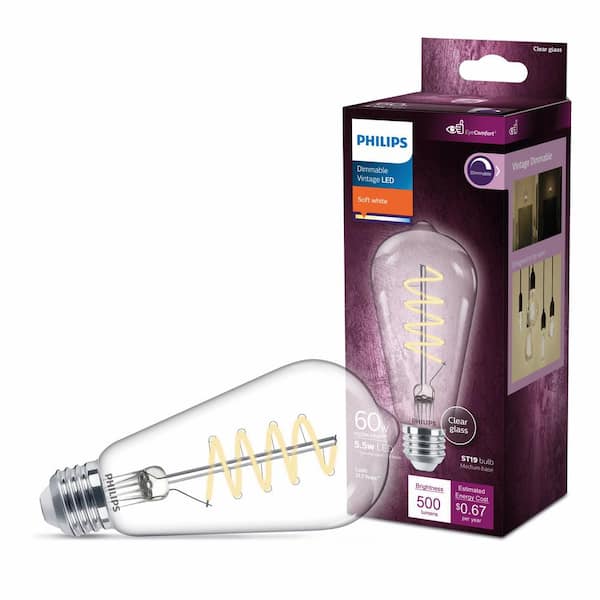 Philips 60-Watt Equivalent ST19 Spiral Filament Dimmable E26 Vintage Edison LED Light Bulb EyeComfort 2700K Soft White (1-Pack)