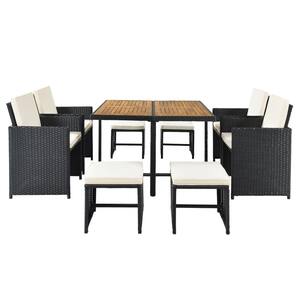 Black 9-Piece PE Wicker Patio Outdoor Dining Table Set with Acacia Wood Table and Beige Cushions