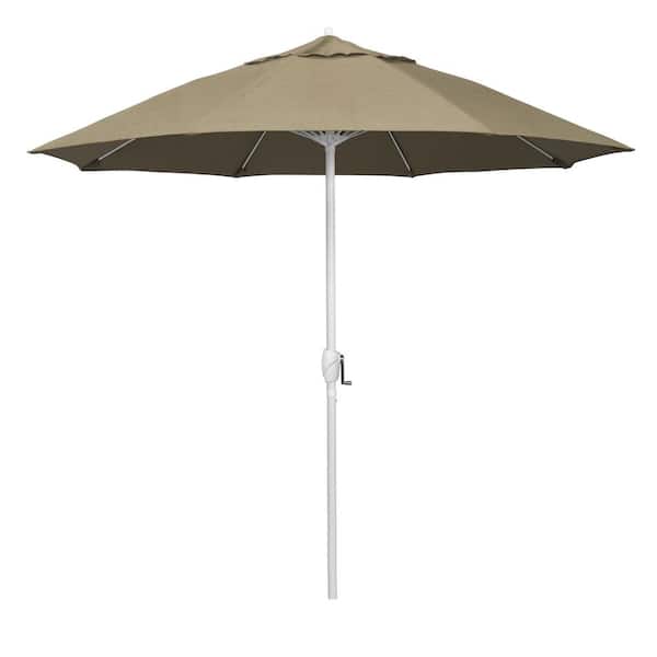California Umbrella 9 ft. Matted White Aluminum Market Patio Umbrella Fiberglass Ribs and Auto Tilt in Heather Beige Sunbrella